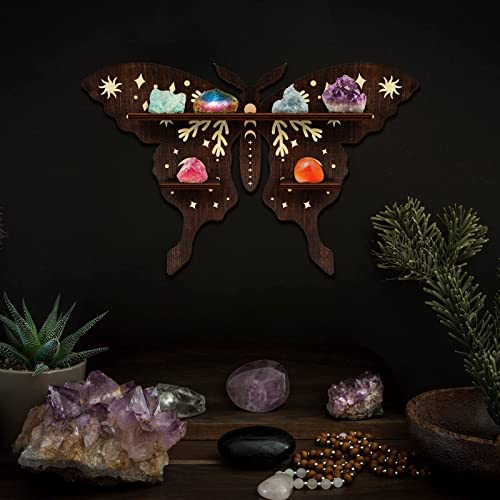 Yulejo Crystal Shelf Display Rustic Wooden Cat Moon Shelves Moth Hamsa Hand Wolf Crystal Holder Shelves Wooden Floating Shelf for Rock Gemstones Meditation Spiritual Gift for Home Bedroom (Moth)