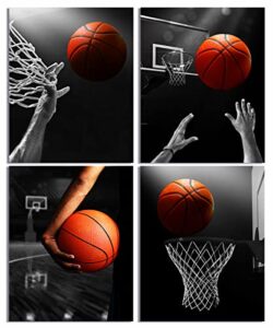 huagreny basketball wall art painting, gift for basketball fans, suitable for places room, living room, gym, bathroom, toy room,  set of 4, 8 x10 ins unframed 