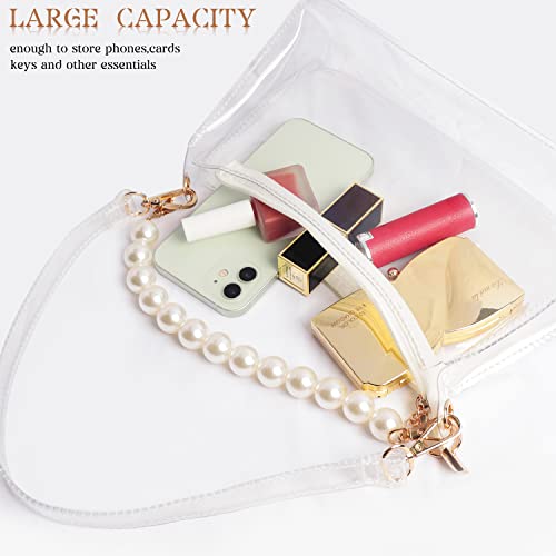 WLUSEAXI Clear Crossbody Bags for Women,Clear Purses for Women Stadium with Pearl Chain,Small Clear Clutch Concert Bags