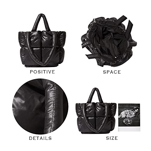 Fluffy Cotton Tote Shoulder Bag for Women,Trendy Design Big Capacity Handbag Soft Waterproof Nylon Lightweight Purses (Black)