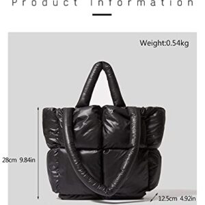 Fluffy Cotton Tote Shoulder Bag for Women,Trendy Design Big Capacity Handbag Soft Waterproof Nylon Lightweight Purses (Black)