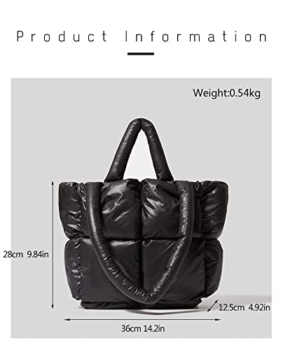 Fluffy Cotton Tote Shoulder Bag for Women,Trendy Design Big Capacity Handbag Soft Waterproof Nylon Lightweight Purses (Black)