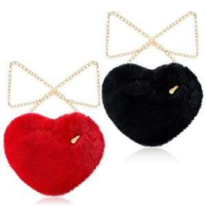 saintrygo 2 pcs heart purse for women girls heart fluffy purses fur shoulder bag crossbody purses with gold chain (red and black)