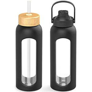 kodrine glass water bottles with straw, 32 oz water bottle with 2 lids – handle spout lid & bamboo straw lid, motivational water bottle with silicone sleeve, wide mouth, leakproof, bpa free(black)