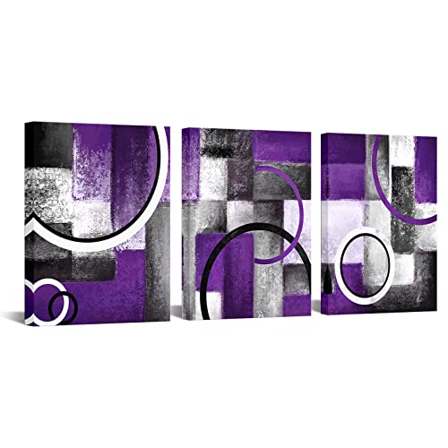 Visual Art Decor Purple and Grey Abstract Geometric Circle Canvas Wall Art Rustic Purple Prints Wall Decor Picture Artwork for Living Room Bedroom Wall Decoration Ready to Hang (Purple)