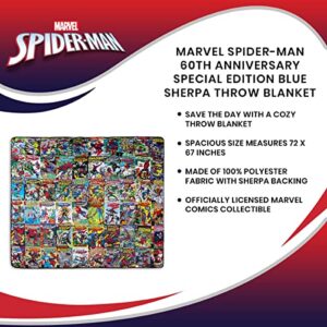 Marvel Spider-Man 60th Anniversary Special Edition Fleece Throw Blanket With Blue Sherpa Backing | Plush Soft Polyester Cover For Sofa and Bed, Cozy Home Decor, Luxury Room Essentials | 72 x 67 Inches