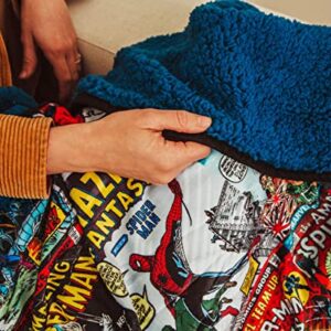 Marvel Spider-Man 60th Anniversary Special Edition Fleece Throw Blanket With Blue Sherpa Backing | Plush Soft Polyester Cover For Sofa and Bed, Cozy Home Decor, Luxury Room Essentials | 72 x 67 Inches