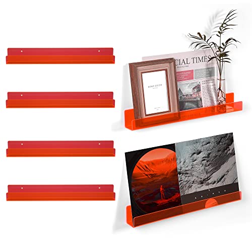 MITIME 4 Pack 15 Inch Acrylic Invisible Kids Floating Bookshelf for Kids Room,Clear Acrylic Picture Ledge Vinyl Record Display Shelf Nail Polish Holder with. (4, Clear Red)