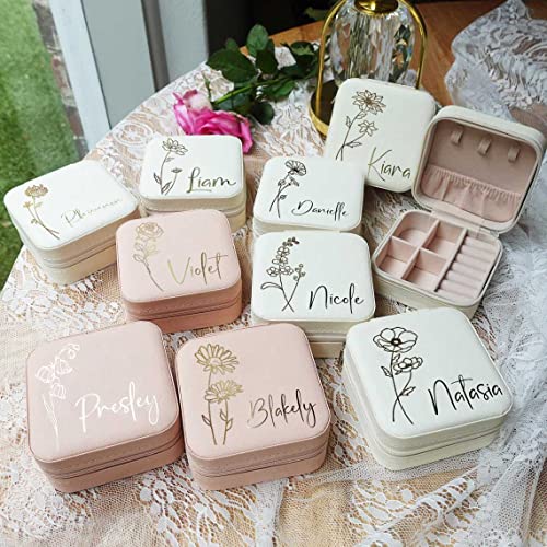 DayOfShe Bridesmaid Proposal Gifts Personalized Travel Jewelry Box Leather Small Jewelry Organizer Ring Case for Wedding Gifts Proposal Set Bachelorette Party Gifts for Bride