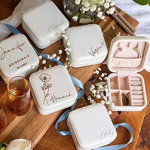 DayOfShe Bridesmaid Proposal Gifts Personalized Travel Jewelry Box Leather Small Jewelry Organizer Ring Case for Wedding Gifts Proposal Set Bachelorette Party Gifts for Bride