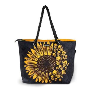 skullistic sunflower skulls black shoulder bag – beach, travel & gym, thick canvas, l18.5 x h13.5 x w5