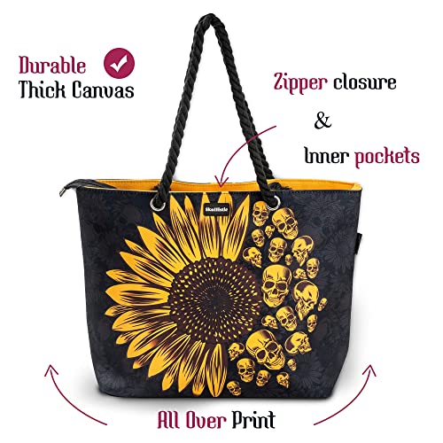 Skullistic Sunflower Skulls Black Shoulder Bag - Beach, Travel & Gym, Thick Canvas, L18.5 x H13.5 x W5