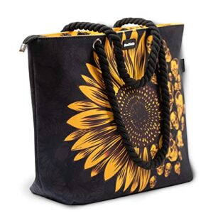 Skullistic Sunflower Skulls Black Shoulder Bag - Beach, Travel & Gym, Thick Canvas, L18.5 x H13.5 x W5