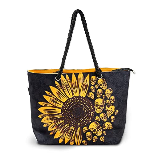 Skullistic Sunflower Skulls Black Shoulder Bag - Beach, Travel & Gym, Thick Canvas, L18.5 x H13.5 x W5