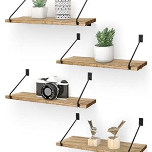 lamplig Floating Shelves Wall Mounted Set of 4, Rustic Wood Wall Storage Shelves with Black Metal Bracket Home Decor Storage Organizer for Bedroom, Living Room, Bathroom, Kitchen, Office