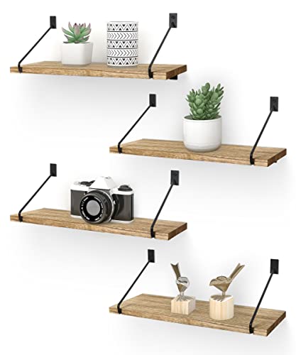 lamplig Floating Shelves Wall Mounted Set of 4, Rustic Wood Wall Storage Shelves with Black Metal Bracket Home Decor Storage Organizer for Bedroom, Living Room, Bathroom, Kitchen, Office