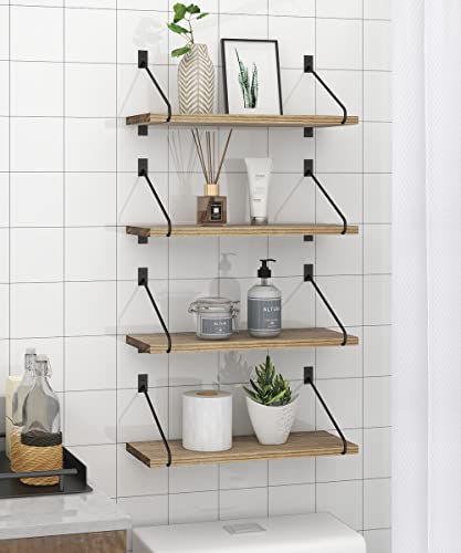 lamplig Floating Shelves Wall Mounted Set of 4, Rustic Wood Wall Storage Shelves with Black Metal Bracket Home Decor Storage Organizer for Bedroom, Living Room, Bathroom, Kitchen, Office