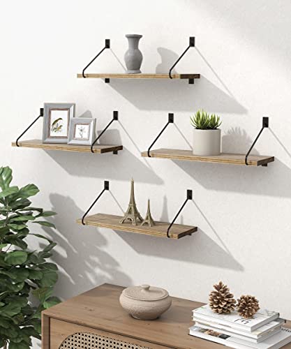 lamplig Floating Shelves Wall Mounted Set of 4, Rustic Wood Wall Storage Shelves with Black Metal Bracket Home Decor Storage Organizer for Bedroom, Living Room, Bathroom, Kitchen, Office