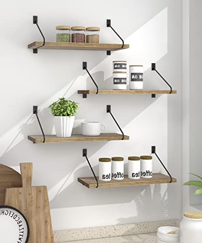 lamplig Floating Shelves Wall Mounted Set of 4, Rustic Wood Wall Storage Shelves with Black Metal Bracket Home Decor Storage Organizer for Bedroom, Living Room, Bathroom, Kitchen, Office