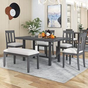 6 piece dining table set, rectangle dining table with 4 upholstered chairs & a bench, kitchen table chairs set for 6 persons, wood dining room set (gray)