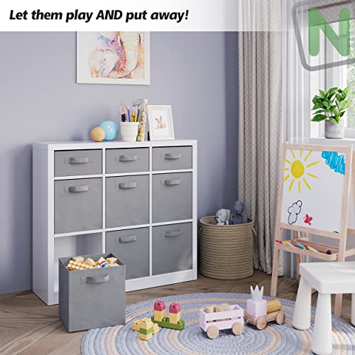 Wooden 9 Cube Storage Organizer Set. Includes Six Fabric Storage Cube Bins. Cube Shelves for Clothes, Storage and Toys. (White/Grey)