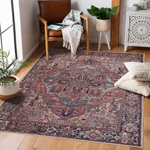 neyland machine washable living room area rug – oriental traditional persian medallion carpet – vintage bohemian look – dark red, burgundy, blue – 9′ x 12′