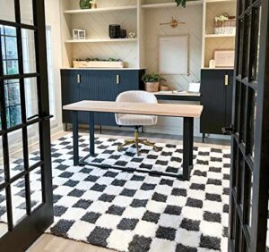 hauteloom atira checkered shag area rug – checkboard design – high pile fluffy shaggy touch – square tiles – kids room, nursery, living room shaggy carpet – black, white – 5’3″ x 7’3″