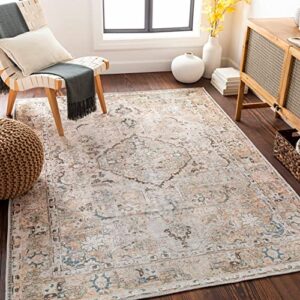 kemer collection machine washable area rug for living room bedroom – vintage distressed faded – traditional boho bohemian farmhouse bordered carpet – pet friendly – brown, beige, cream – 8’10” x 12′