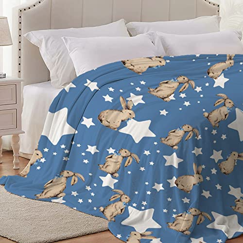 Blue Star Rabbit Bunny Blanket Flannel Lightweight Fleece Soft Cozy Happy Easter Gifts Throws Fuzzy Warm Cozy Bedding Blankets for All Season in Home Bed Sofa XS 40"x30"