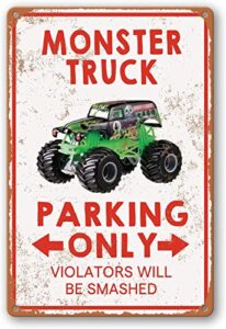 monster truck room decor for boys monster jam bedroom sign boy birthday decorations party supplies vintage metal tin signs monster truck parking only violators will be smashed wall decor room door accessories for kids monster truck poster gifts 8 x 12 in