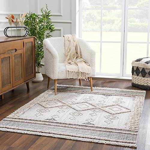 Amaga Moroccan Farmhouse Living Room Bedroom Area Rug - Soft Shaggy High Low Carpet - High Pile - Bohemian - Brown, Beige, Cream - 5'3" x 7'