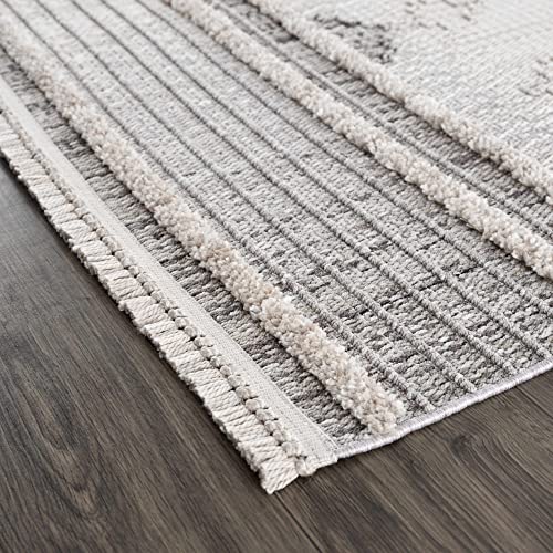 Amaga Moroccan Farmhouse Living Room Bedroom Area Rug - Soft Shaggy High Low Carpet - High Pile - Bohemian - Brown, Beige, Cream - 5'3" x 7'