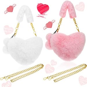 2 pieces furry purse soft fluffy faux fur heart handbags for women girls cute christmas valentines day gift (white, pink)