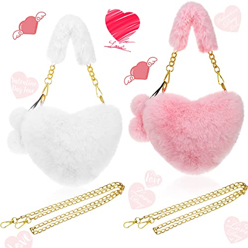 2 Pieces Furry Purse Soft Fluffy Faux Fur Heart Handbags for Women Girls Cute Christmas Valentines Day Gift (White, Pink)