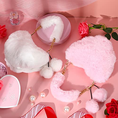 2 Pieces Furry Purse Soft Fluffy Faux Fur Heart Handbags for Women Girls Cute Christmas Valentines Day Gift (White, Pink)