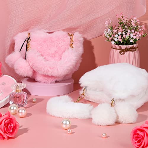 2 Pieces Furry Purse Soft Fluffy Faux Fur Heart Handbags for Women Girls Cute Christmas Valentines Day Gift (White, Pink)