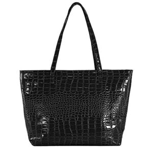 danse jupe women crocodile faux leather tote shoulder bag soft top handle satchel purse,big capacity solid handbag,black