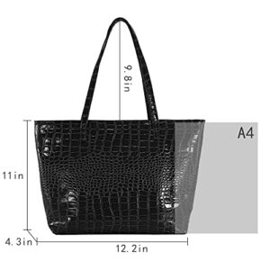 Danse Jupe Women Crocodile Faux Leather Tote Shoulder Bag Soft Top Handle Satchel Purse,Big Capacity Solid Handbag,Black