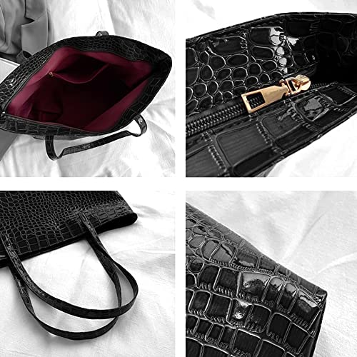 Danse Jupe Women Crocodile Faux Leather Tote Shoulder Bag Soft Top Handle Satchel Purse,Big Capacity Solid Handbag,Black