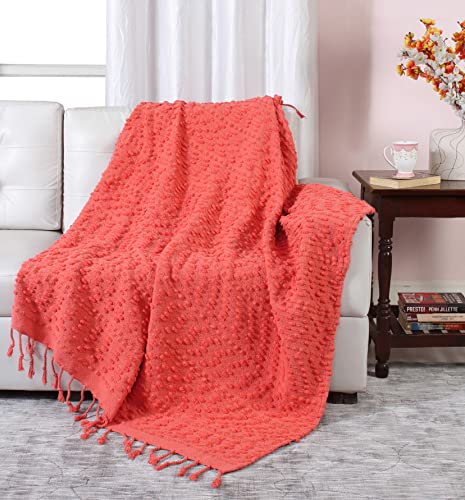 ACCENTHOME Cotton Throw Blanket with Tufted Decorative Design | 50''X60'' Cozy Chenille Knit Lightweight Boho Chic Blankets | Coral Soft Fringe Tassel Blankets for Couch, Bedroom, Living Room Sofa