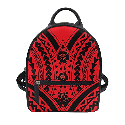 JOAIFO Red Tribal Tattoo with Hibiscus Print Mini Casual Backpack Shoulder Bag Rucksack Travel Bag Fashion Polynesian Style Daypack for Girls Womens