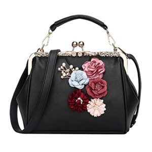women wedding vintage floral handbag – kiss lock antique minimalist pu evening purse(black)