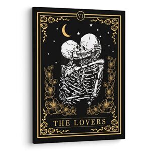 xwelldan tarot kissing skeleton the lovers halloween wall art canvas prints, love gifts for women, mysterious skull halloween romantic wall art decor for home bedroom bathroom, 11 x 14 inch, framed