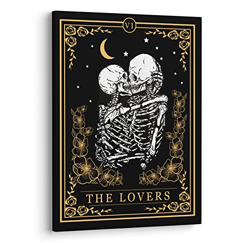 XWELLDAN Tarot Kissing Skeleton The Lovers Halloween Wall Art Canvas Prints, Love Gifts for Women, Mysterious Skull Halloween Romantic Wall Art Decor for Home Bedroom Bathroom, 11 x 14 Inch, Framed