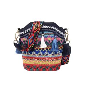 iamuhi lovely small straw bucket phone purse handwoven bohemian fringed crossbody beach bag mini hobo handbags for women/girls,navy blue