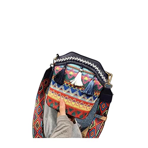 IAMUHI Lovely Small Straw Bucket Phone Purse Handwoven Bohemian Fringed Crossbody Beach Bag Mini Hobo Handbags for Women/Girls,Navy Blue