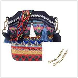 IAMUHI Lovely Small Straw Bucket Phone Purse Handwoven Bohemian Fringed Crossbody Beach Bag Mini Hobo Handbags for Women/Girls,Navy Blue