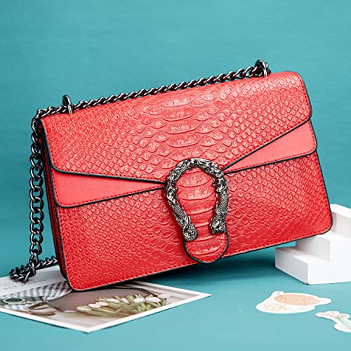 GLOD JORLEE Trendy Chain Crossbody Bags For Women - Luxury Snake Printed Leather Shoulder Satchel Bag Evening Clutch Purse handbags (001-red)