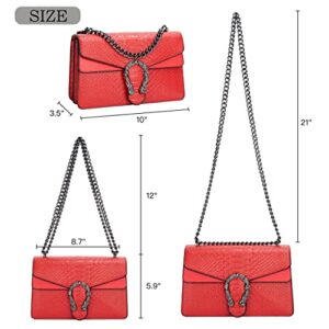 GLOD JORLEE Trendy Chain Crossbody Bags For Women - Luxury Snake Printed Leather Shoulder Satchel Bag Evening Clutch Purse handbags (001-red)