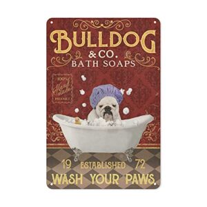 metal sign – bulldog bath wah your paws poster metal signs wall art decor for home office and farmhouse cottage decorations for living room bedroom 8 x 12 inches